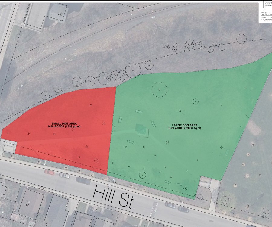 City as-built drawing of Hill Street Dog Park showing a 1,232 m² (0.30-acre) small-dog area and a 2,868 m² (0.71-acre) main area.