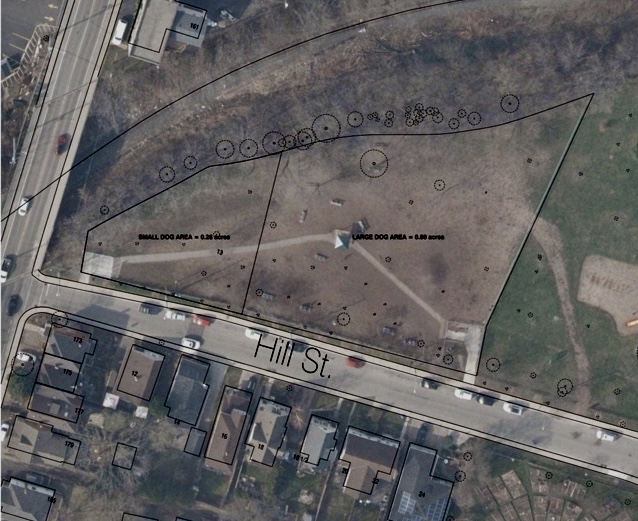 City acreage drawing of Hill Street Dog Park showing a 0.26-acre small-dog area and a 0.80-acre large-dog area.