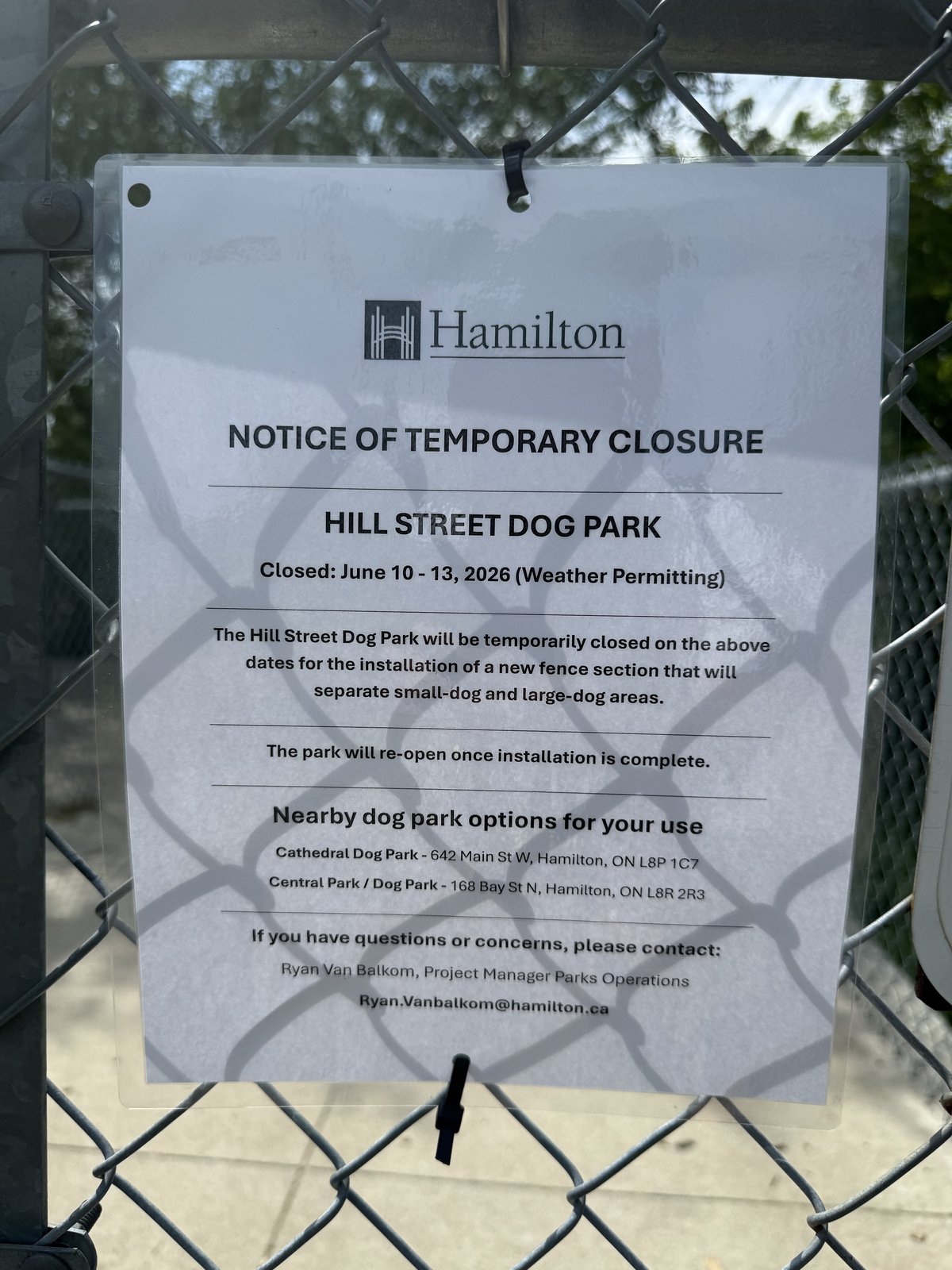 City of Hamilton notice of temporary closure posted at Hill Street Dog Park, listing closure dates of June 10 to 13, 2026 for fence installation.