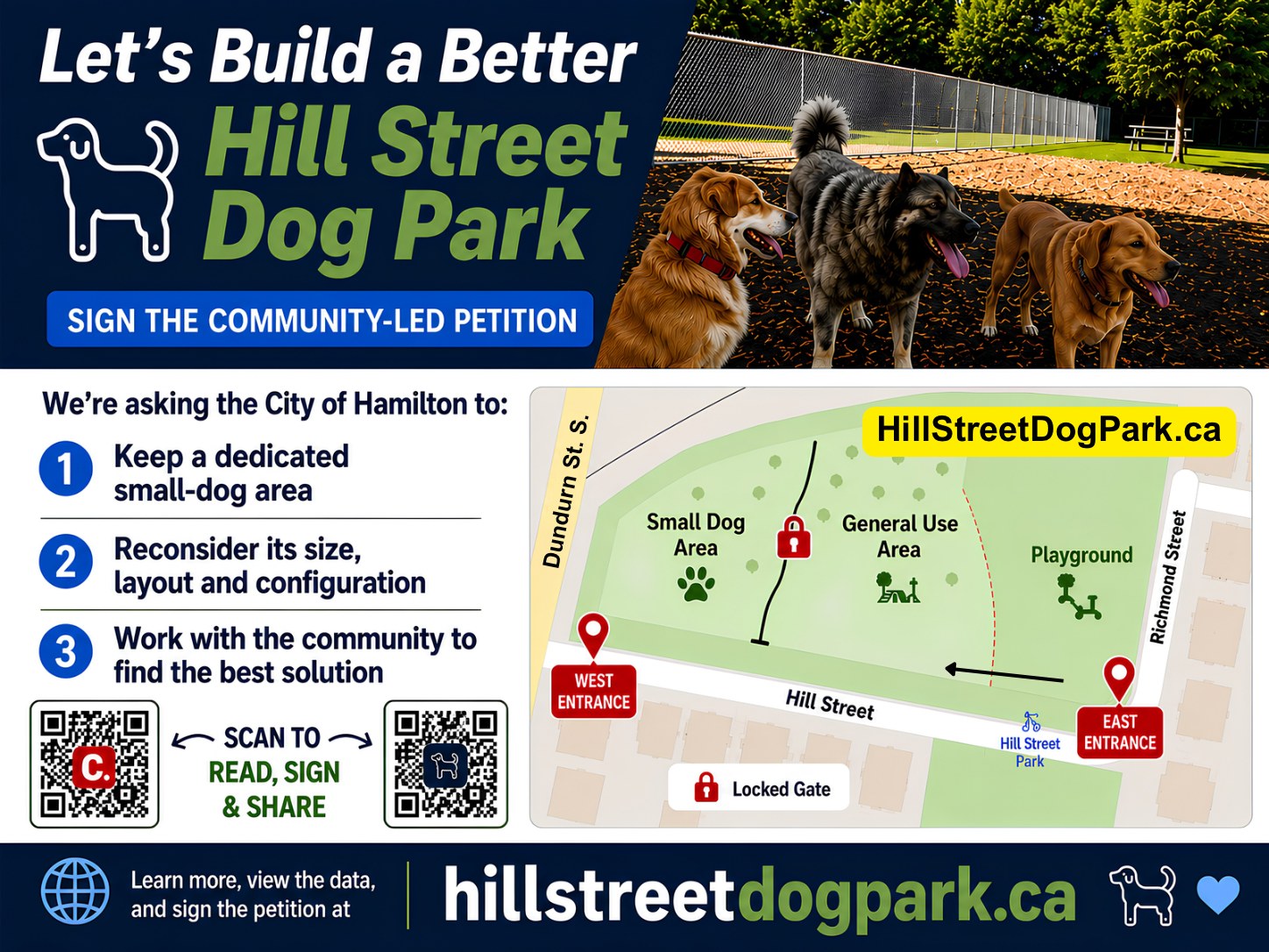 Campaign graphic titled 'Let's Build a Better Hill Street Dog Park,' summarizing the coalition's request to keep dedicated small-dog space, reconsider its size and layout, and work with the community on a better solution.
