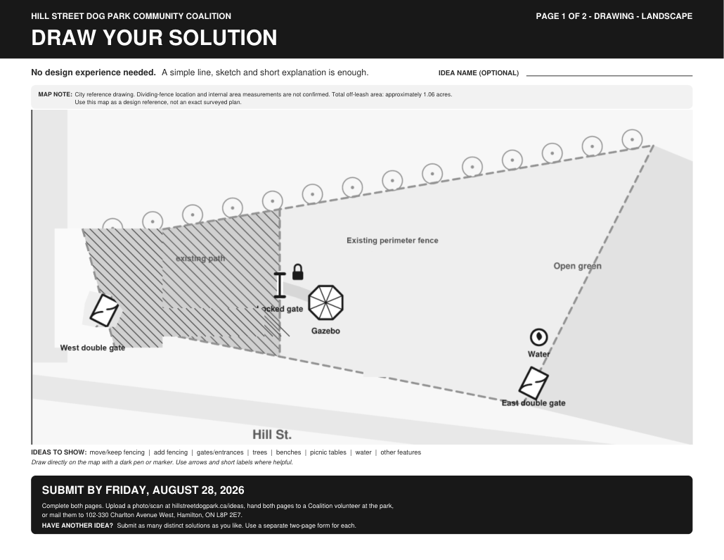 Preview of page 1 of the printable solution form, showing the park map to draw on